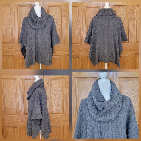 Dylan Boho Chunky Cable Knit Turtleneck Sweater Poncho Shrug Cape Hooded Gray - Picture 4 of 15